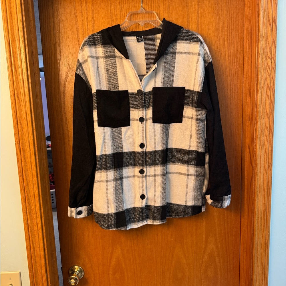 SHEIN Monochrome Plaid Lightweight Shacket with Hood